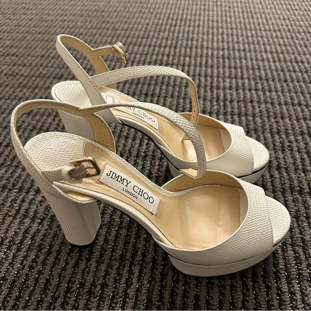 Jimmy Choo Peachy Platform Pumps - Latte Mini Lizard Printed Leather Heels